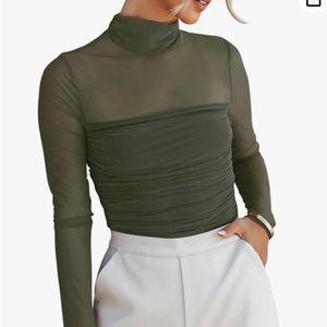 REORIA Women’s Sexy Mock Turtle Neck Long Sleeve Sheer Mesh Ruched Bodysuit